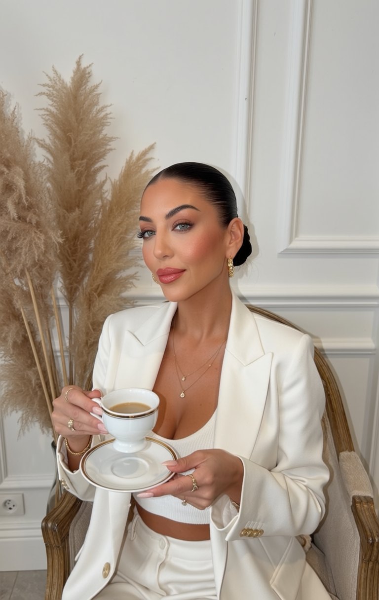 Alyssa DelTorre in a white suit holding a cup of coffee