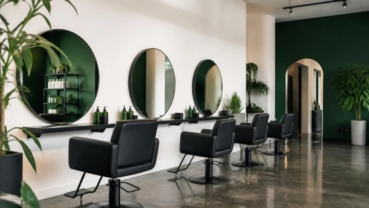 Upscale hair salon with styling chairs and round mirrors