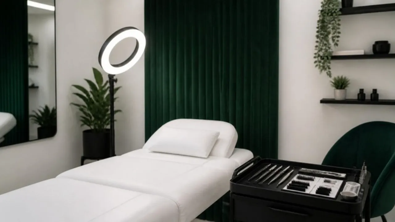 Lash and brow studio with lash bed and ring light