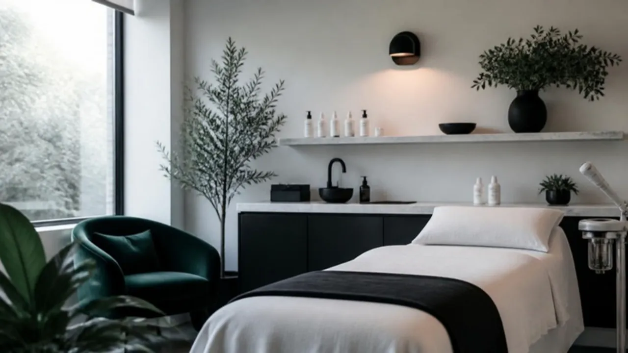 Calm med spa treatment room with emerald accents