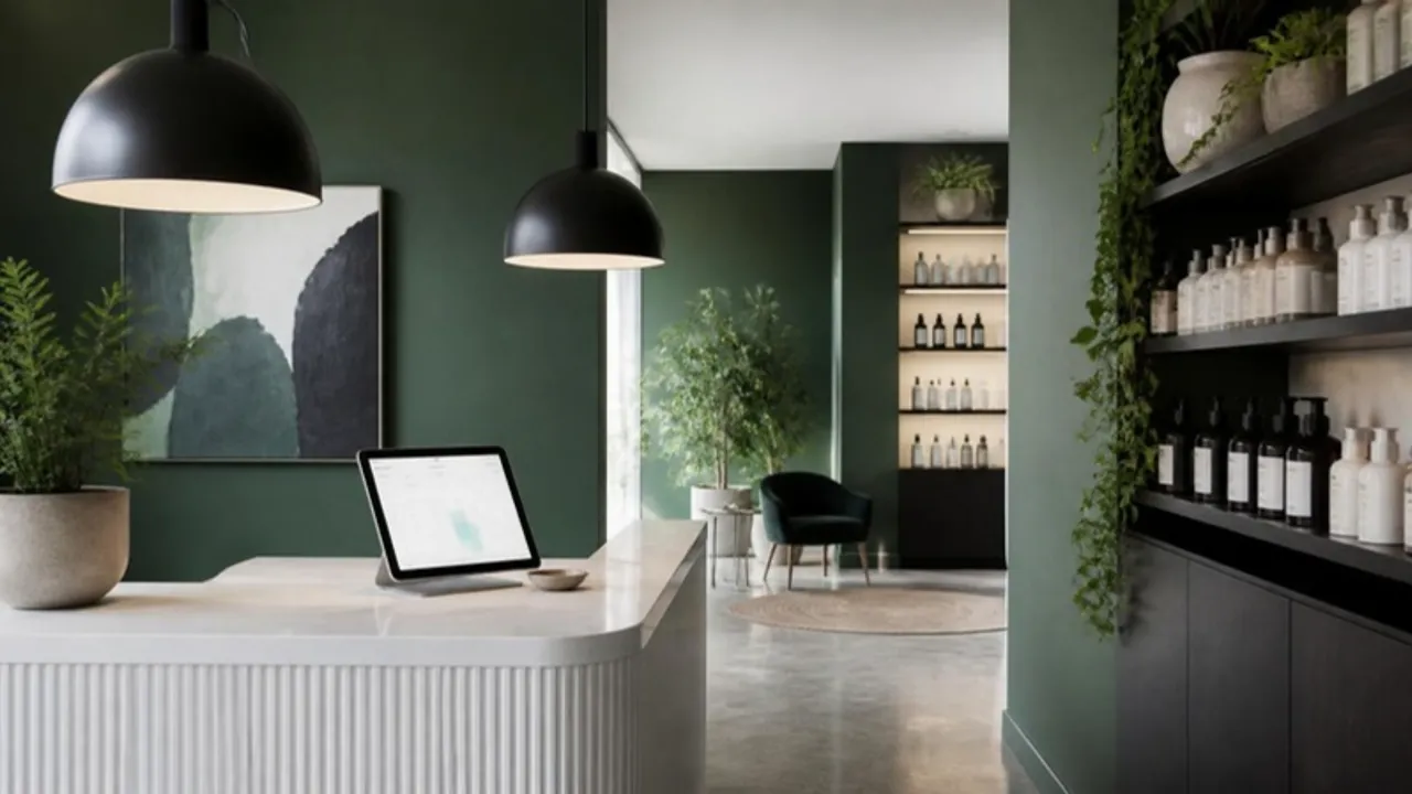 Wellness studio front desk with booking tablet